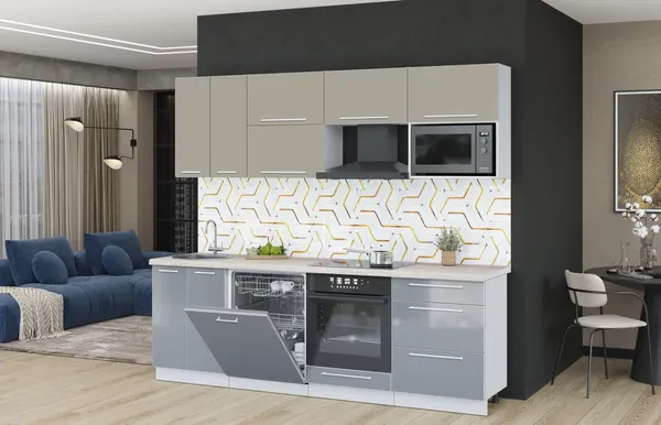 Изображение товара Кухонный гарнитур Interline Пластик 2.4-ПМ2  (туманный глянец/латте/травертин серый)