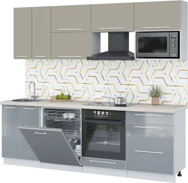 Изображение товара Кухонный гарнитур Interline Пластик 2.4-ПМ2  (туманный глянец/латте/травертин серый)