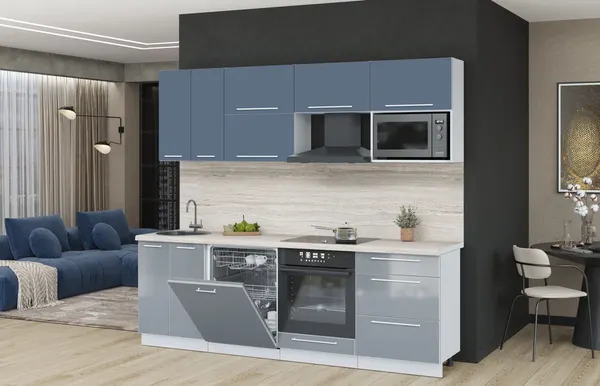 Изображение товара Кухонный гарнитур Interline Пластик 2.4-ПМ2  (туманный глянец/арктический/травертин серый)