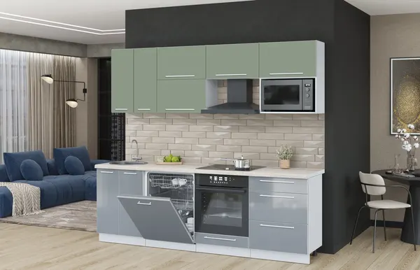 Изображение товара Кухонный гарнитур Interline Пластик 2.4-ПМ2  (туманный глянец/полынь/травертин серый)