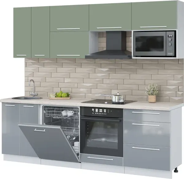 Изображение товара Кухонный гарнитур Interline Пластик 2.4-ПМ2  (туманный глянец/полынь/травертин серый)