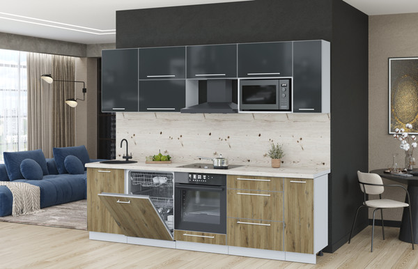 Изображение товара Кухонный гарнитур Interline Пластик 2.6-ПМ2  (дуб эпоксид/антрацит глянец/бискайская сосна)