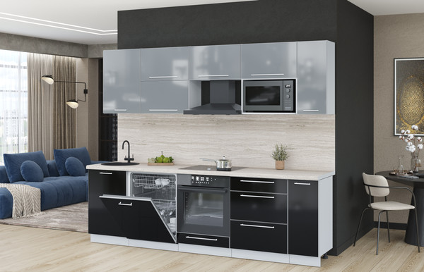 Изображение товара Кухонный гарнитур Interline Пластик 2.6-ПМ2  (черный глянец/туманный глянец/травертин серый)