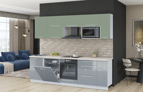 Изображение товара Кухонный гарнитур Interline Пластик 2.6-ПМ2  (туманный глянец/полынь/травертин серый)