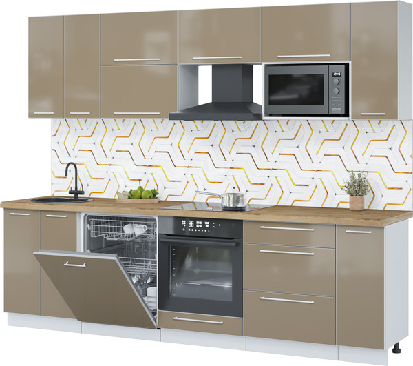 Изображение товара Кухонный гарнитур Interline Пластик 2.7-ПМ2  (капучино глянец/капучино глянец/дуб бунратти)