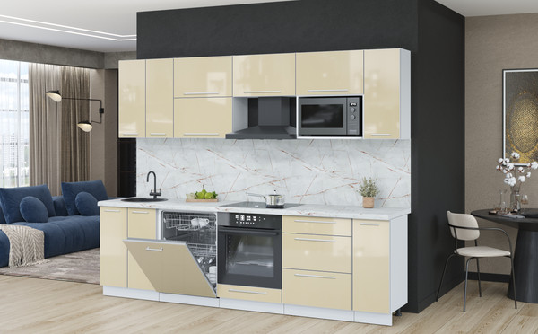 Изображение товара Кухонный гарнитур Interline Пластик 2.7-ПМ2  (ваниль глянец/ваниль глянец/серый каспий)