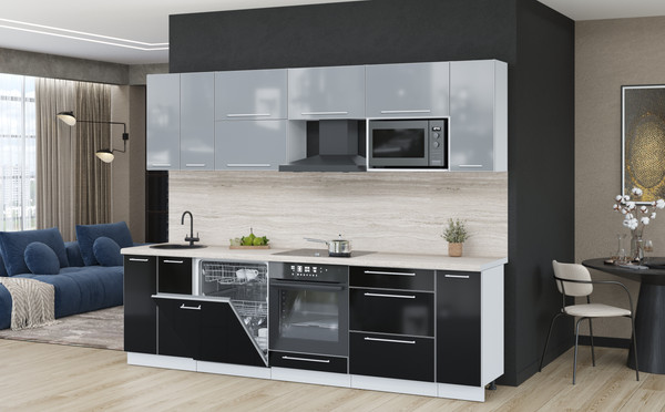 Изображение товара Кухонный гарнитур Interline Пластик 2.7-ПМ2  (черный глянец/туманный глянец/травертин серый)