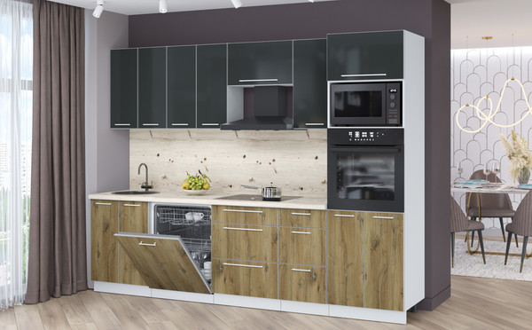 Изображение товара Кухонный гарнитур Interline Пластик 2.8-ПМ2  (дуб эпоксид/антрацит глянец/бискайская сосна)