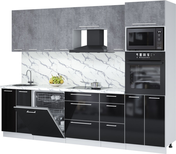 Изображение товара Кухонный гарнитур Interline Пластик 2.8-ПМ2  (черный глянец/оксид темный/белый гранит)