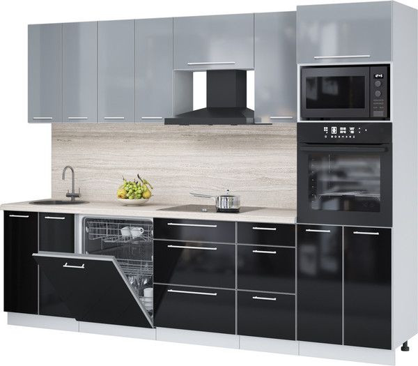 Изображение товара Кухонный гарнитур Interline Пластик 2.8-ПМ2  (черный глянец/туманный глянец/травертин серый)