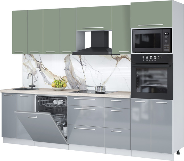 Изображение товара Кухонный гарнитур Interline Пластик 2.8-ПМ2 (туманный глянец/полынь/травертин серый)