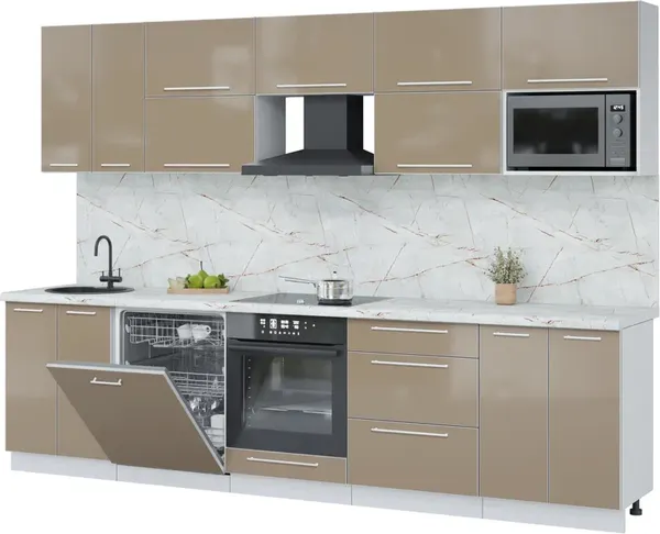 Изображение товара Кухонный гарнитур Interline Пластик 3.0-ПМ2 (капучино глянец/капучино глянец/серый каспий)