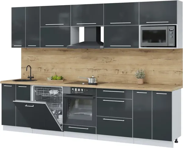 Изображение товара Кухонный гарнитур Interline Пластик 3.0-ПМ2  (антрацит глянец/антрацит глянец/дуб бунратти)