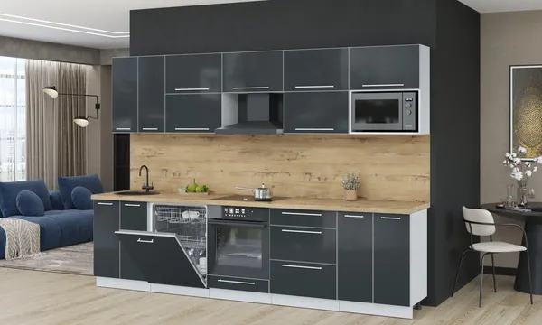 Изображение товара Кухонный гарнитур Interline Пластик 3.0-ПМ2  (антрацит глянец/антрацит глянец/дуб бунратти)