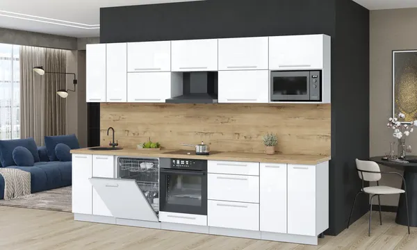 Изображение товара Кухонный гарнитур Interline Пластик 3.0-ПМ2  (белый глянец/белый глянец/дуб бунратти)