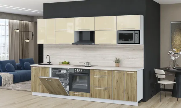 Изображение товара Кухонный гарнитур Interline Пластик 3.0-ПМ2  (дуб эпоксид/ваниль глянец/травертин серый)