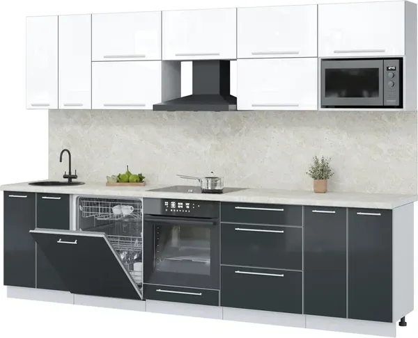 Изображение товара Кухонный гарнитур Interline Пластик 3.0-ПМ2 (антрацит глянец/белый глянец/опал светлый)