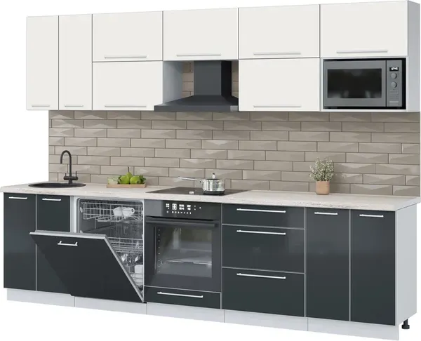 Изображение товара Кухонный гарнитур Interline Пластик 3.0-ПМ2  (антрацит глянец/зефирный/травертин серый)