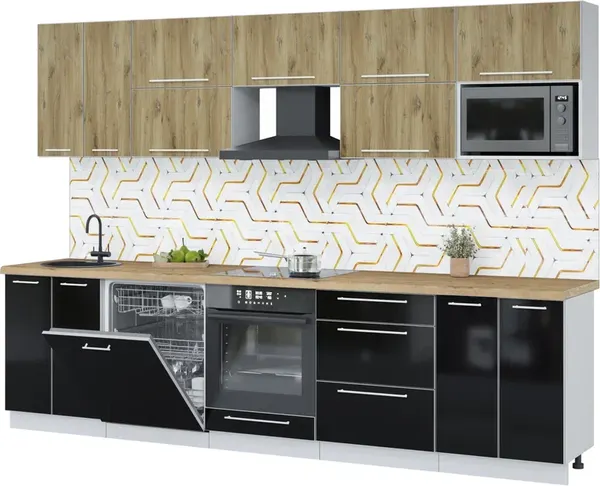 Изображение товара Кухонный гарнитур Interline Пластик 3.0-ПМ2  (черный глянец/дуб эпоксид/дуб бунратти)