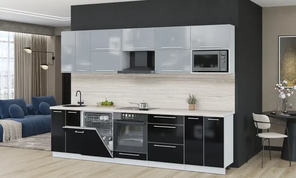 Изображение товара Кухонный гарнитур Interline Пластик 3.0-ПМ2  (черный глянец/туманный глянец/травертин серый)