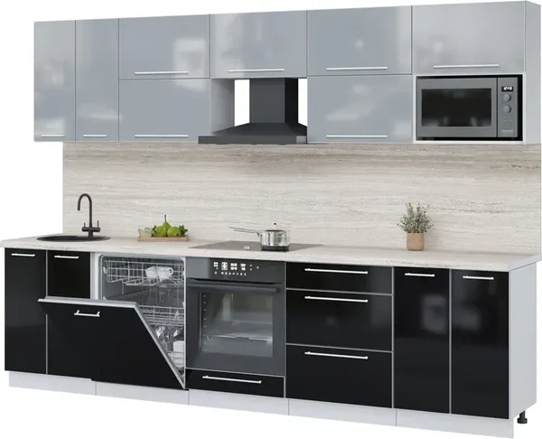 Изображение товара Кухонный гарнитур Interline Пластик 3.0-ПМ2  (черный глянец/туманный глянец/травертин серый)