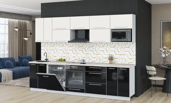 Изображение товара Кухонный гарнитур Interline Пластик 3.0-ПМ2  (черный глянец/зефирный/травертин серый)