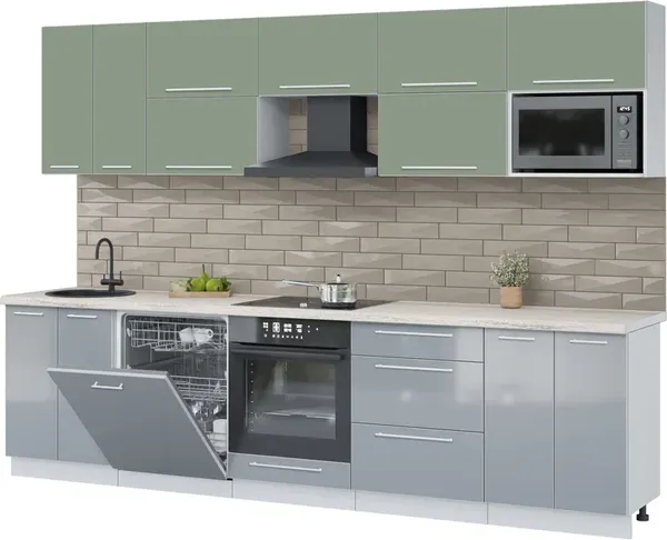 Изображение товара Кухонный гарнитур Interline Пластик 3.0-ПМ2 (туманный глянец/полынь/травертин серый)