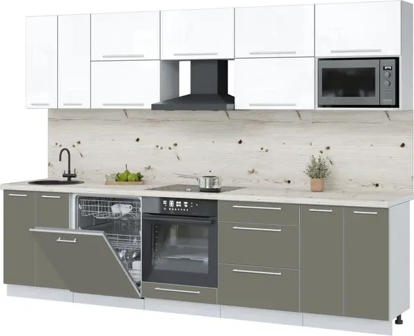 Изображение товара Кухонный гарнитур Interline Пластик 3.0-ПМ2  (белый глянец/кварцевый/бискайская сосна)