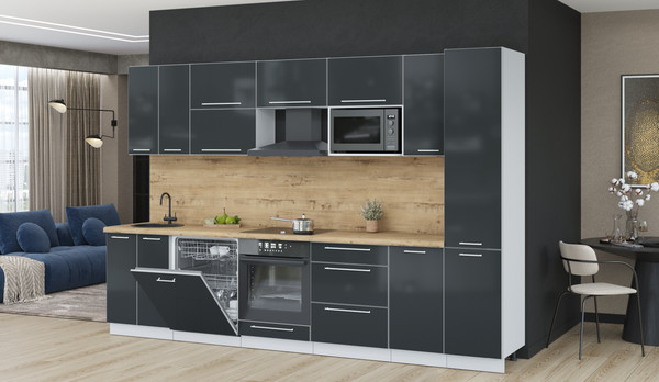 Изображение товара Кухонный гарнитур Interline Пластик 3.2-ПМ2  (антрацит глянец/антрацит глянец/дуб бунратти)