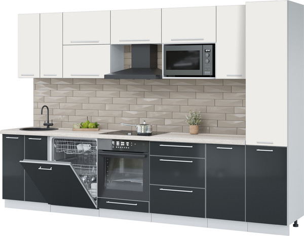 Изображение товара Кухонный гарнитур Interline Пластик 3.2-ПМ2  (антрацит глянец/зефирный/травертин серый)