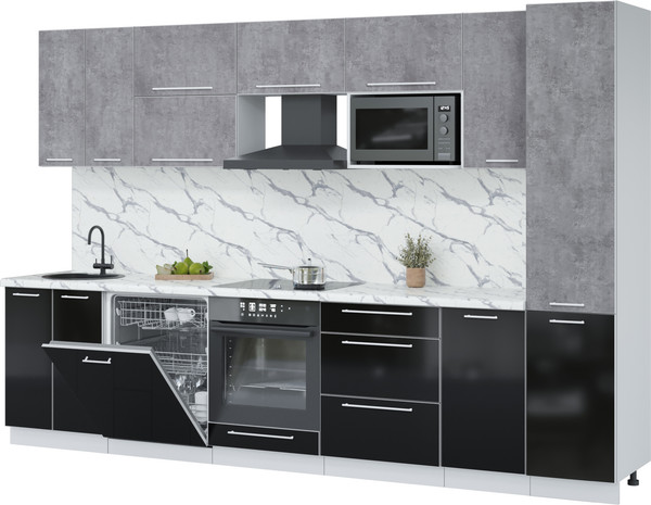 Изображение товара Кухонный гарнитур Interline Пластик 3.2-ПМ2  (черный глянец/оксид темный/белый гранит)