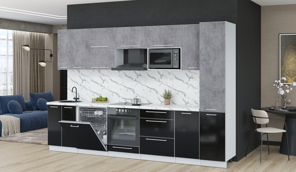 Изображение товара Кухонный гарнитур Interline Пластик 3.2-ПМ2  (черный глянец/оксид темный/белый гранит)