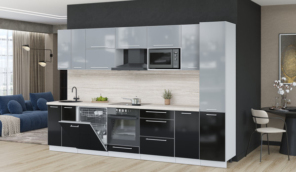 Изображение товара Кухонный гарнитур Interline Пластик 3.2-ПМ2  (черный глянец/туманный глянец/травертин серый)