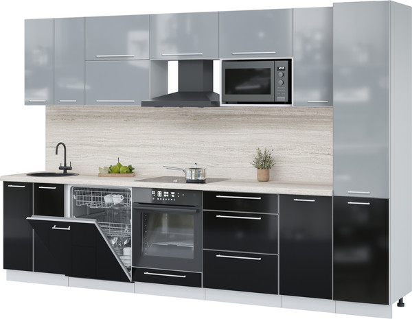 Изображение товара Кухонный гарнитур Interline Пластик 3.2-ПМ2  (черный глянец/туманный глянец/травертин серый)