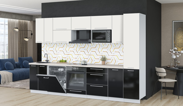 Изображение товара Кухонный гарнитур Interline Пластик 3.2-ПМ2  (черный глянец/зефирный/травертин серый)