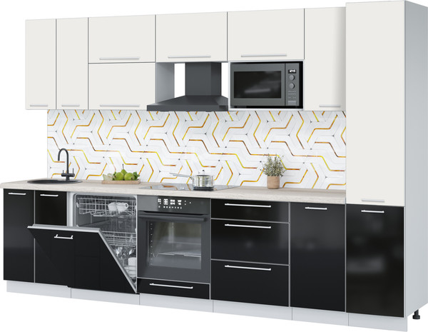 Изображение товара Кухонный гарнитур Interline Пластик 3.2-ПМ2  (черный глянец/зефирный/травертин серый)