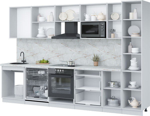 Изображение товара Кухонный гарнитур Interline Пластик 3.2-ПМ2  (черный глянец/туманный глянец/травертин серый)