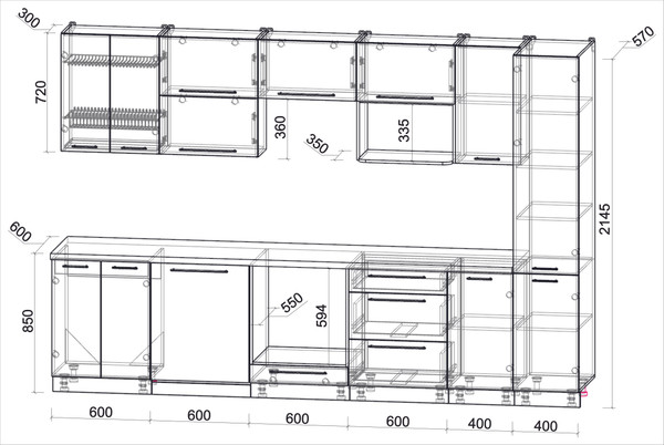 Изображение товара Кухонный гарнитур Interline Пластик 3.2-ПМ2  (черный глянец/туманный глянец/травертин серый)