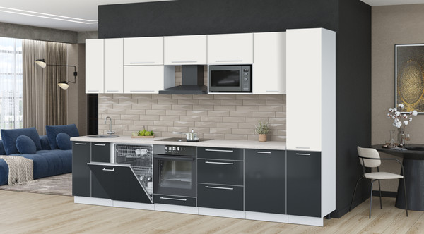 Изображение товара Кухонный гарнитур Interline Пластик 3.3-ПМ2  (антрацит глянец/зефирный/травертин серый)