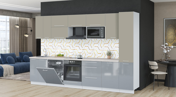 Изображение товара Кухонный гарнитур Interline Пластик 3.3-ПМ2  (туманный глянец/латте/травертин серый)