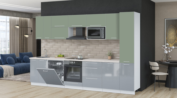 Изображение товара Кухонный гарнитур Interline Пластик 3.3-ПМ2  (туманный глянец/полынь/травертин серый)