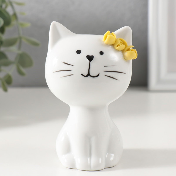Изображение товара Статуэтка Sima-Land Котик белый с желтыми цветочками на ушке, сидит 10333705