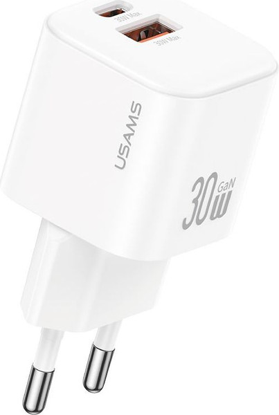 Изображение товара Адаптер питания сетевой Usams 30W GaN Mini Dual-Port Fast Charger A+C / CC263TC02 (белый)