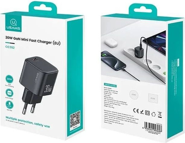 Адаптер питания сетевой Usams 30W GaN Mini Fast Charger / CC262TC01 (черный) — фото 6