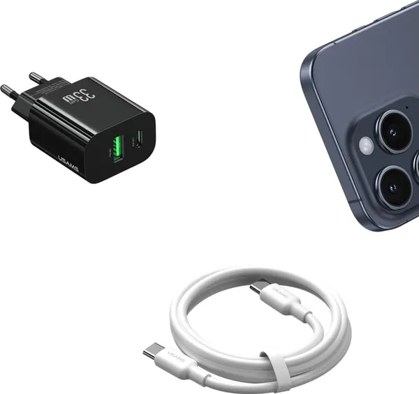 Изображение товара Адаптер питания сетевой Usams T65 33W A+C Dual-Port Fast Charger / CC317TC01 (черный)