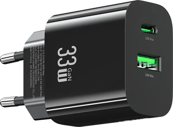 Изображение товара Адаптер питания сетевой Usams T65 33W A+C Dual-Port Fast Charger / CC317TC01 (черный)