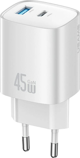 Адаптер питания сетевой Usams T66 45W GaN Dual-Port Fast Charger A+C / CC290TC03 (серебристый) — фото 3