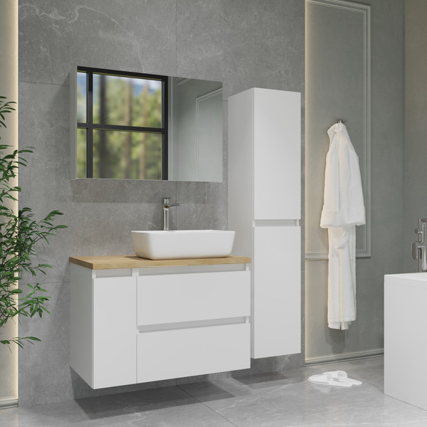 Изображение товара Тумба с умывальником Lauter Mia 60 + 21674A (белый глянец, со столешницей из цельного дуба Mia 80 и шкафом Cargo Mia 20)