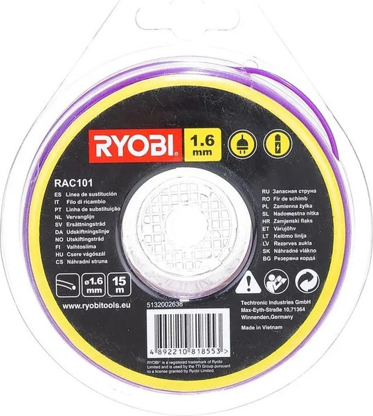 Изображение товара Леска для триммера Ryobi 1.6мм 15м RAC101 (5132002638)
