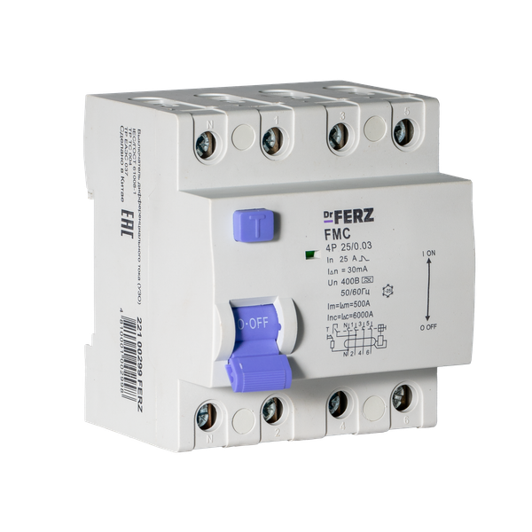 Изображение товара Устройство защитного отключения Dr.Ferz FMC-3P+N 25A 30mA 6kA A 4M / 22100299FERZ
